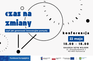 Obraz informujący o konferencji w dniu 22 maja 2025 roku w Galerii Szybu Wilson w Katowicach. Grafika przedstawiająca tarczę i wskazówki zegara.