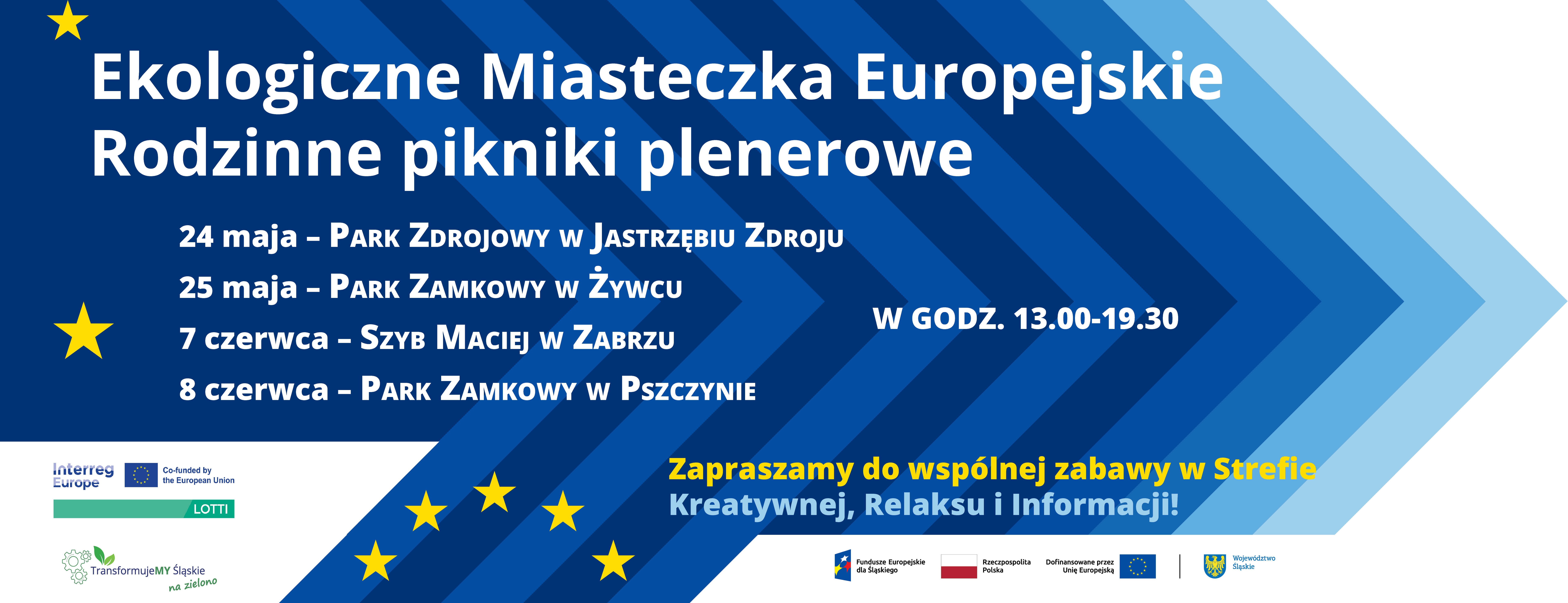 Grafika promocyjna z informacjami o datach i miejscach planowanych pikników ekologicznych