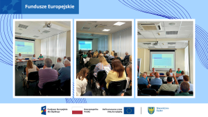 Grafika przedstawia 3 zdjęcia osób uczestniczących w warsztatach. Na dole belka logotypów informująca o finansowaniu z Unii Europejskiej.