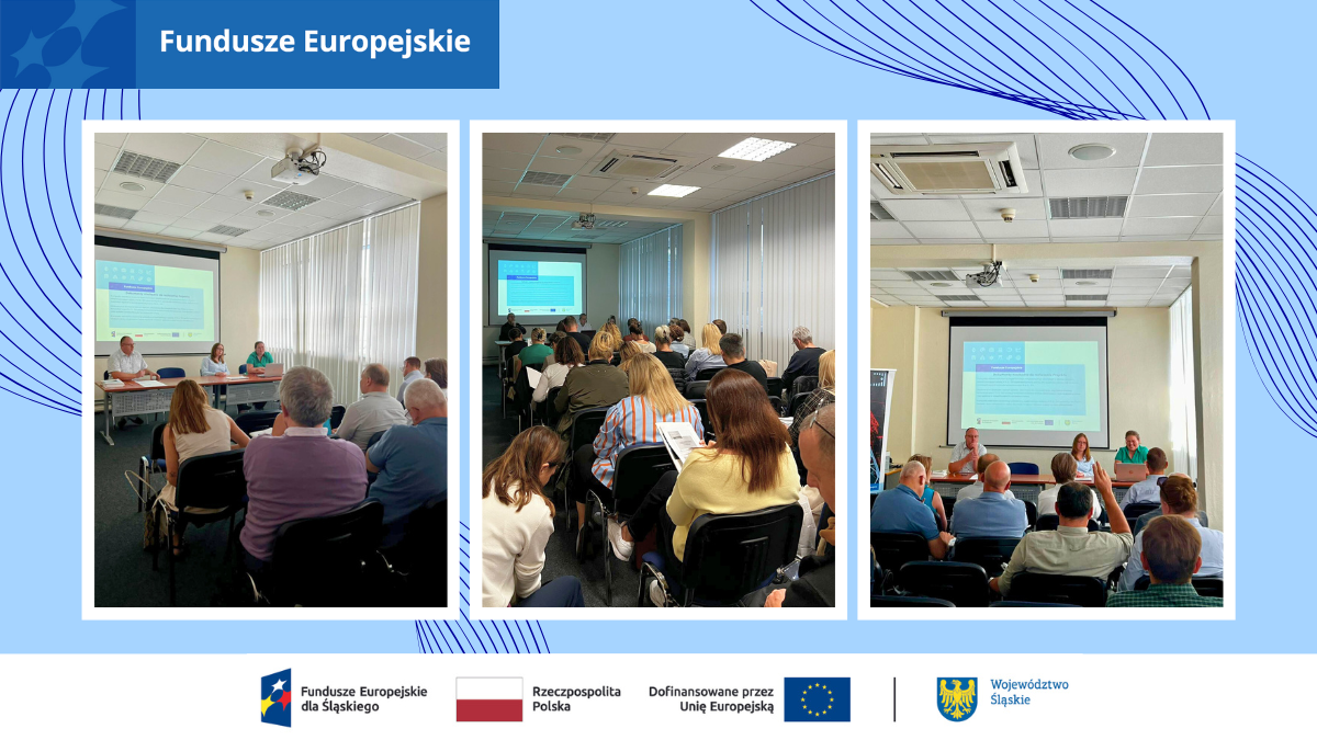 Grafika przedstawia 3 zdjęcia osób uczestniczących w warsztatach. Na dole belka logotypów informująca o finansowaniu z Unii Europejskiej.