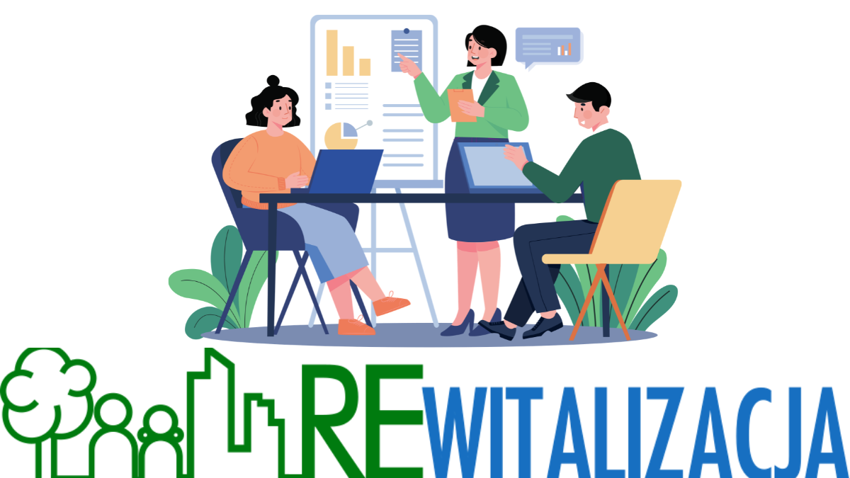 Grafika symbolizująca szkolenie i napis rewitalizacja.