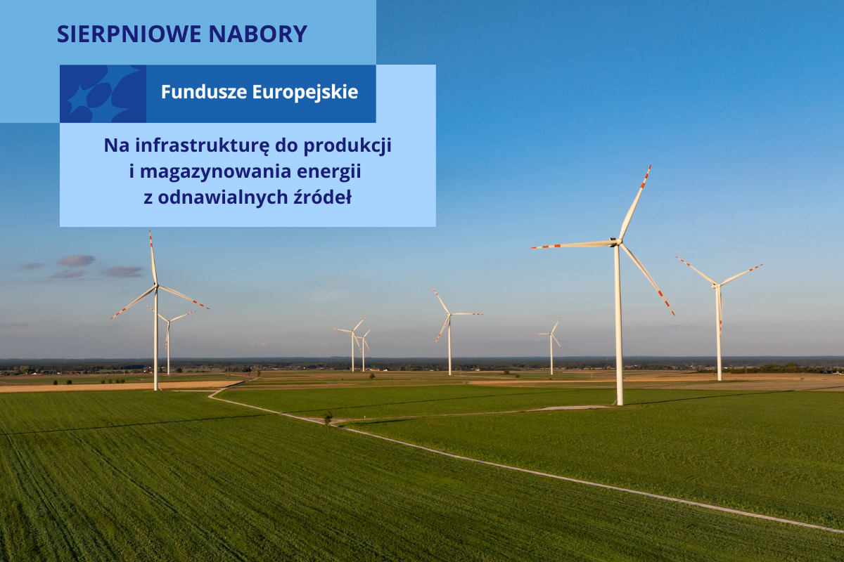Turbiny wiatrowe tworzące farmę produkującą energię z odnawialnych źródeł. U góry napis 