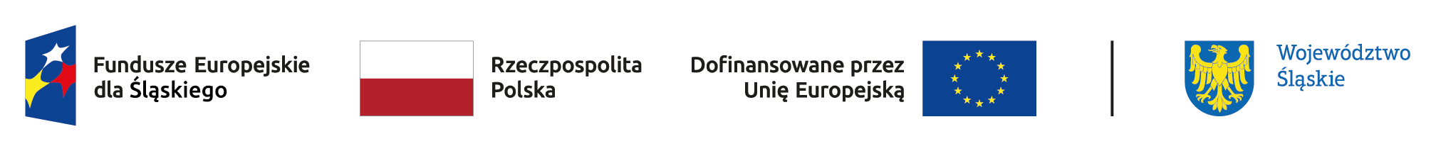 Symbol Funduszy Europejskich, flaga Rzeczypospolitej Polski, flaga Unii Europejskiej i znak herbowy Województwa Śląskiego 