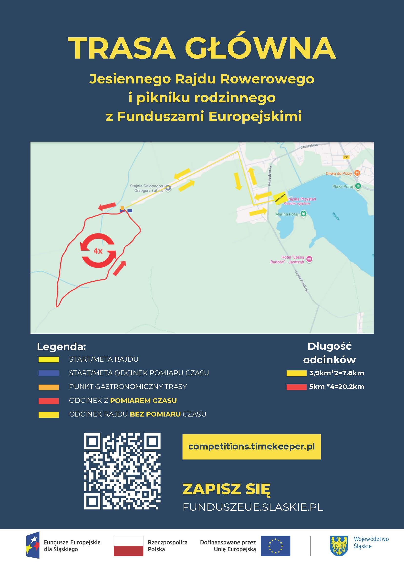 Mapa z zaznaczoną trasą główną rajdu rowerowego
