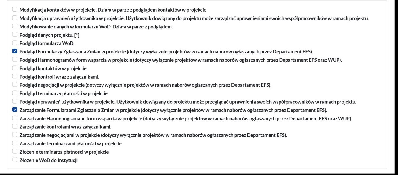 Obraz 3. Uprawnienia niezbędne do pracy w module formularze zgłaszania zmian.   