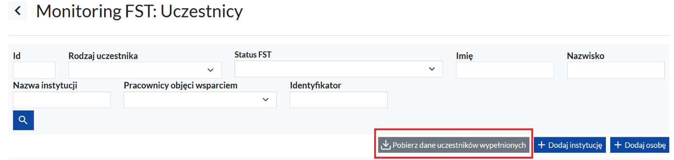 Obraz 1. Przycisk „Pobierz dane uczestników wypełnionych” znajdujący się w sekcji Monitoring FST: uczestnicy.