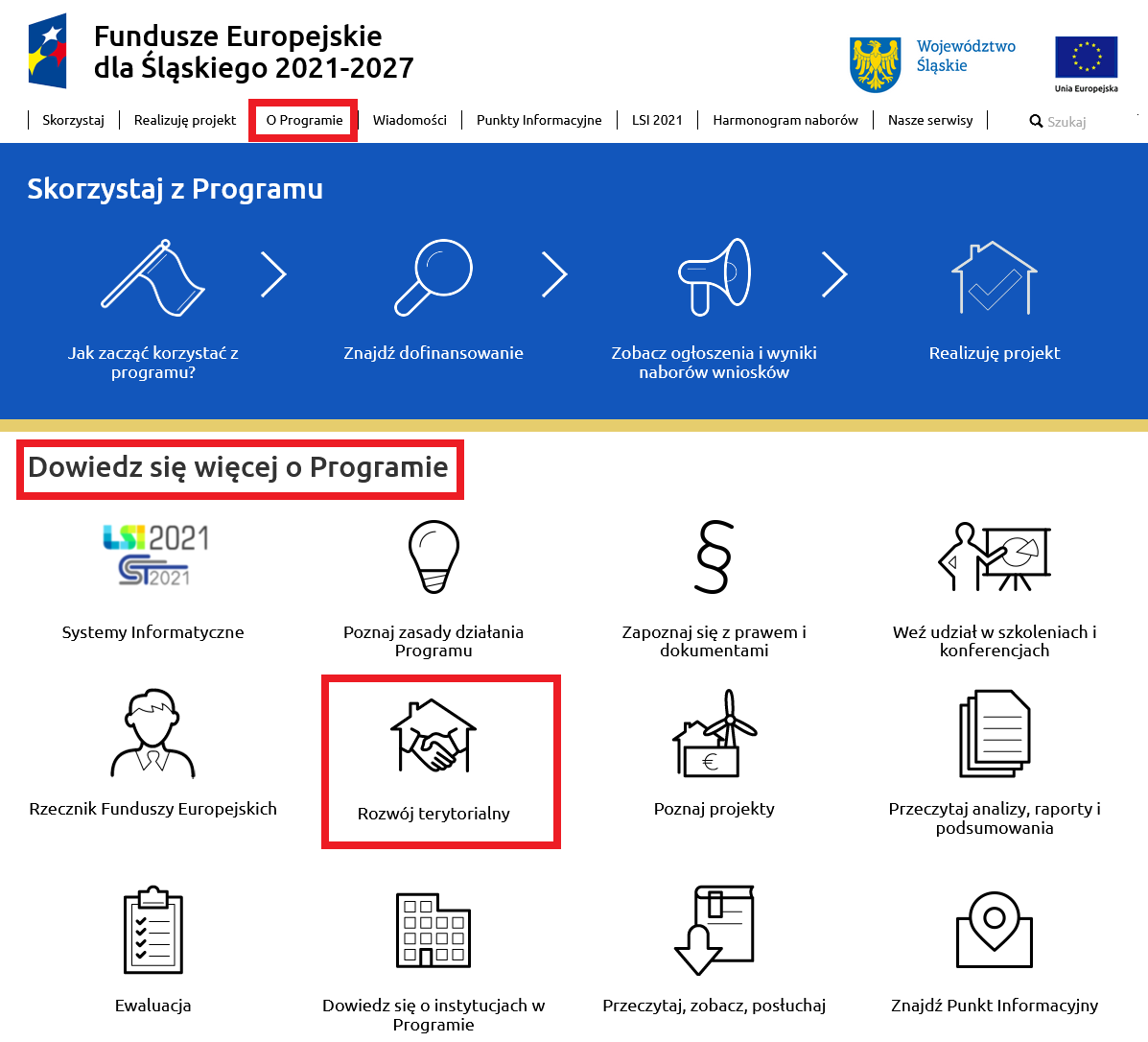 Obraz 1. Zrzut ekranu przedstawiający stronę główną FunduszeUE.slaskie.pl z zaznaczonymi na czerwono miejscami, w których można znaleźć informacje na temat RLKS.