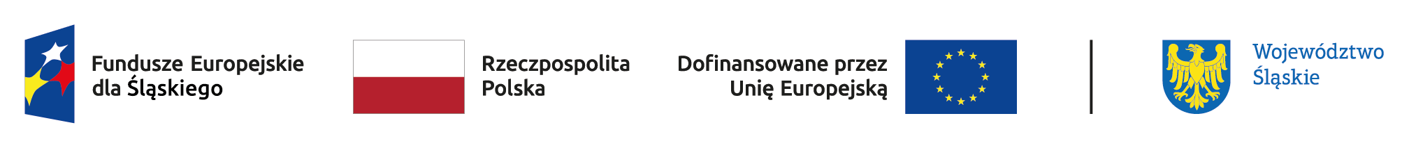 Logotypy programu Fundusze Europejskie dla Śląskiego: od lewej symbol Funduszy Europejskich, flaga Rzeczypospolitej Polski, flaga Unii Europejskiej i znak herbowy Województwa Śląskiego 